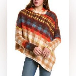 Free People Ainsley Hood Poncho Plaid Asymmetric Hem Apple Cider Size:XS, NEW